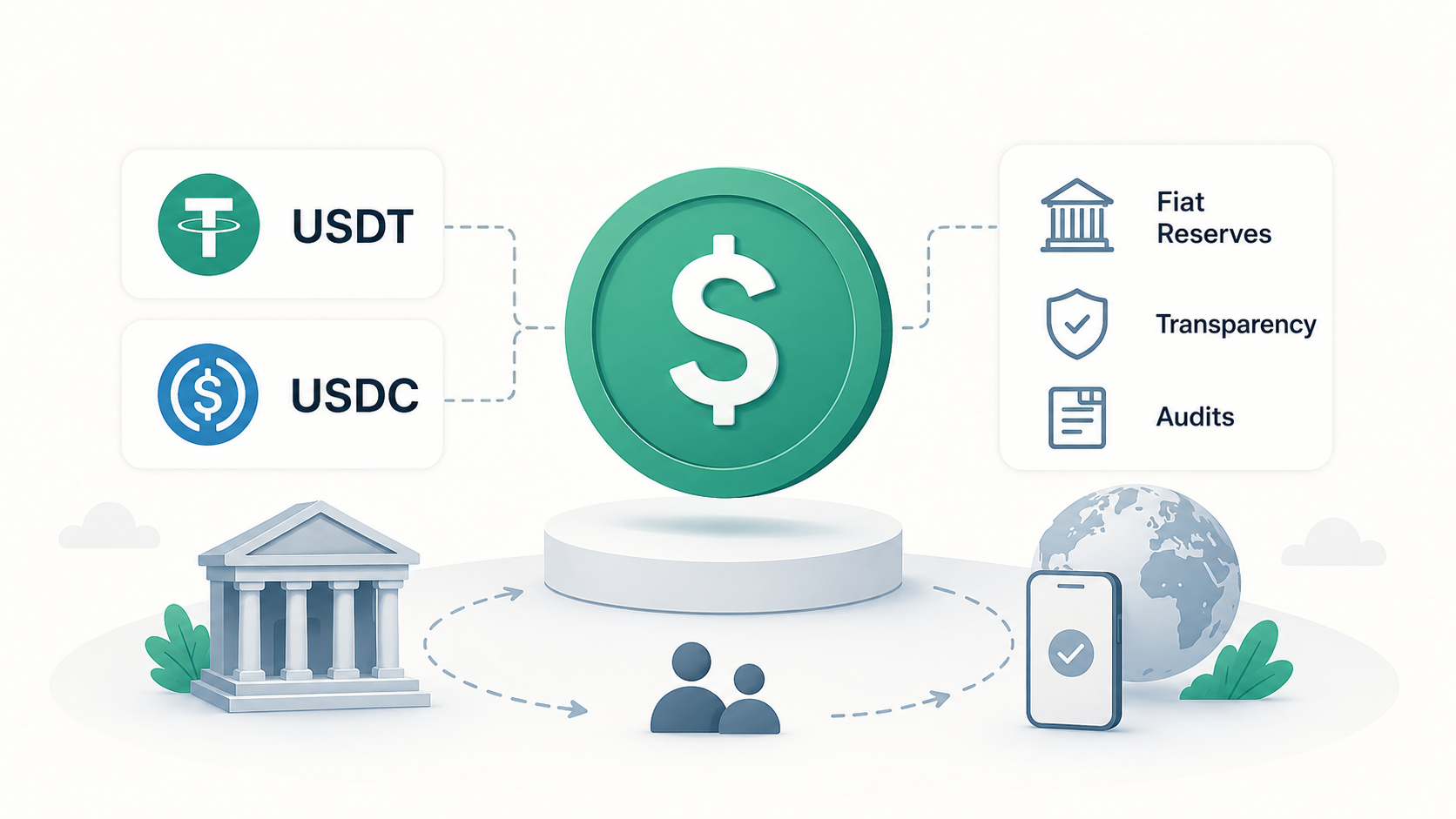 Diagram of a dollar-pegged stablecoin: USDT and USDC on one side; fiat reserves, transparency and audits on the other; and money flowing from a bank to people to a phone and globe below.
